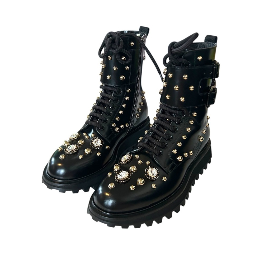 Dolce & Gabbana 9 Naxos combat boot studded jeweled lace‎ up zip crown embossed - Picture 16 of 16